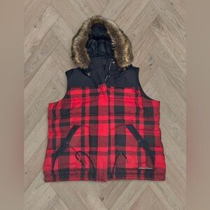 Eddie Bauer Red Buffalo Plaid Print Down Puffer Vest